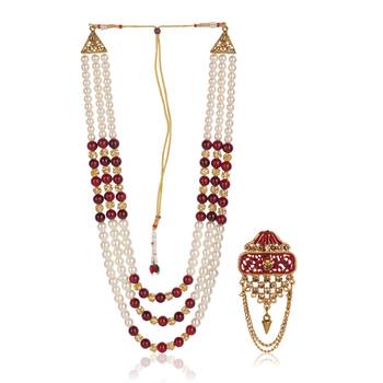   groom sherwani necklace layered moti mala for wedding | groom mala with brooch set 2