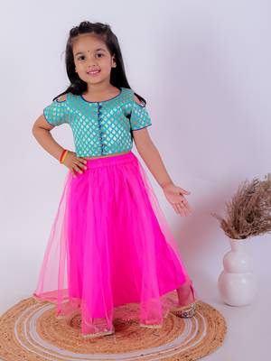 Twisha girls self design cold shoulder top & Ghagra - sea green & pink 2
