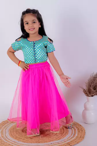 Twisha girls self design cold shoulder top & Ghagra - sea green & pink