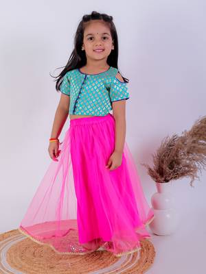 Twisha girls self design cold shoulder top & Ghagra - sea green & pink 3