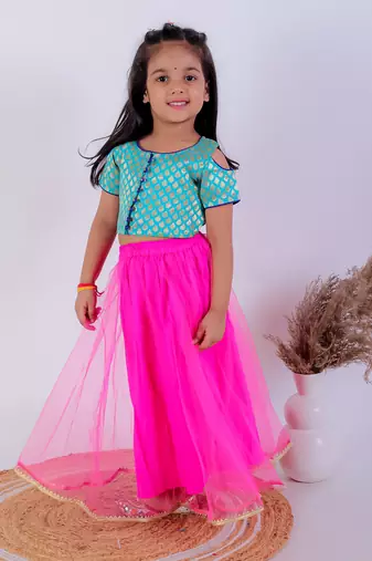 Twisha girls self design cold shoulder top & Ghagra - sea green & pink
