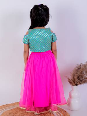 Twisha girls self design cold shoulder top & Ghagra - sea green & pink 4