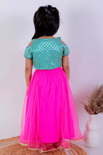 Twisha girls self design cold shoulder top & Ghagra - sea green & pink