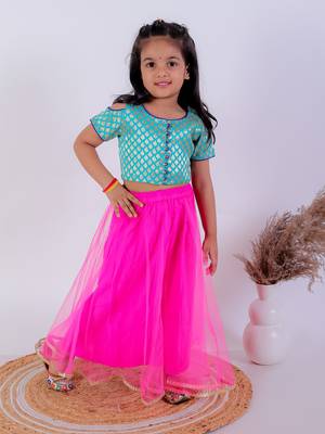 Twisha girls self design cold shoulder top & Ghagra - sea green & pink 1