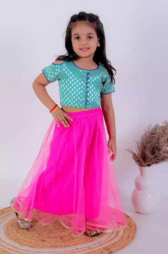 Twisha girls self design cold shoulder top & Ghagra - sea green & pink