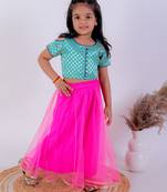 Twisha girls self design cold shoulder top & Ghagra - sea green & pink