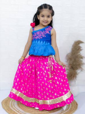 Twisha girls embroidered one shoulder top & foil printed ghagra set - blue & pink 1