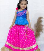 Twisha girls embroidered one shoulder top & foil printed ghagra set - blue & pink