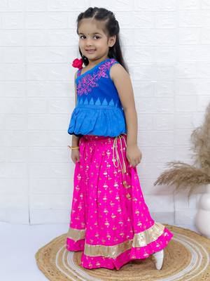 Twisha girls embroidered one shoulder top & foil printed ghagra set - blue & pink 2