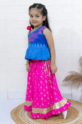 Twisha girls embroidered one shoulder top & foil printed ghagra set - blue & pink