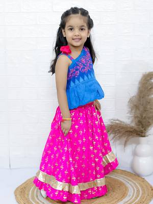 Twisha girls embroidered one shoulder top & foil printed ghagra set - blue & pink 3