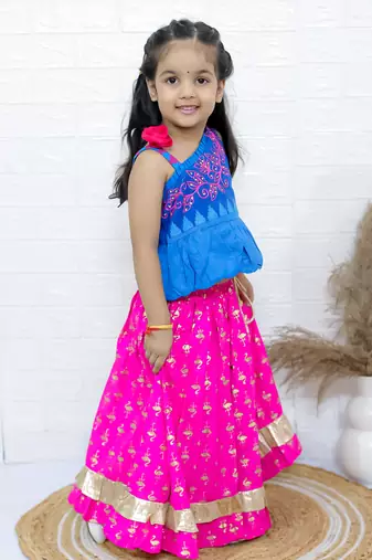Twisha girls embroidered one shoulder top & foil printed ghagra set - blue & pink