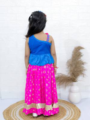Twisha girls embroidered one shoulder top & foil printed ghagra set - blue & pink 4