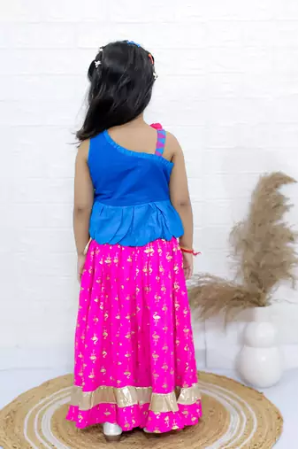Twisha girls embroidered one shoulder top & foil printed ghagra set - blue & pink