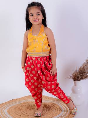 Twisha girls brocade halter neck top & foil printed dhoti pants set - yellow & red 1