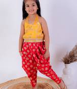 Twisha girls brocade halter neck top & foil printed dhoti pants set - yellow & red