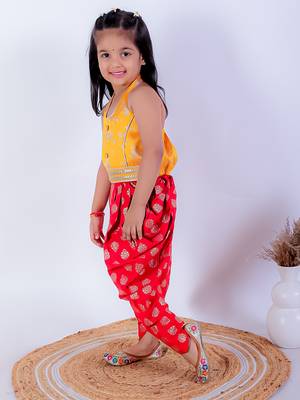 Twisha girls brocade halter neck top & foil printed dhoti pants set - yellow & red 2