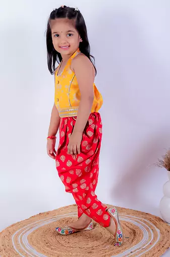 Twisha girls brocade halter neck top & foil printed dhoti pants set - yellow & red
