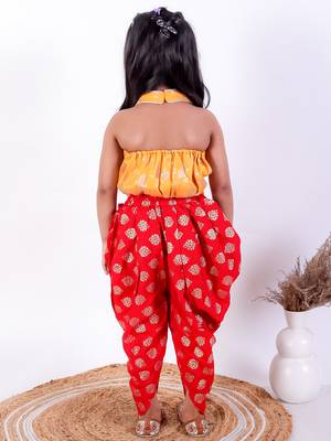 Twisha girls brocade halter neck top & foil printed dhoti pants set - yellow & red 3