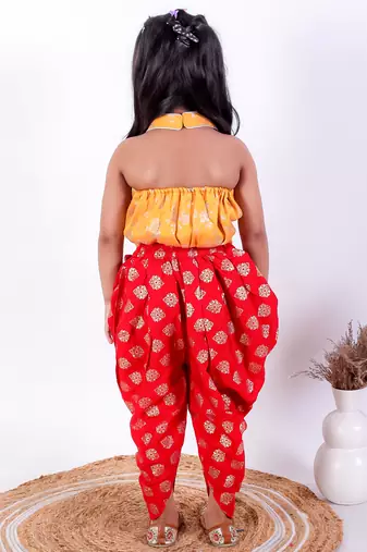 Twisha girls brocade halter neck top & foil printed dhoti pants set - yellow & red