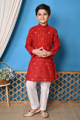 printed red cotton kurta and pajama set for boys 1