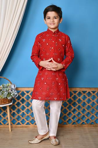 Nfc creation printed red cotton kurta and pajama set for boys
