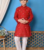 printed red cotton kurta and pajama set for boys