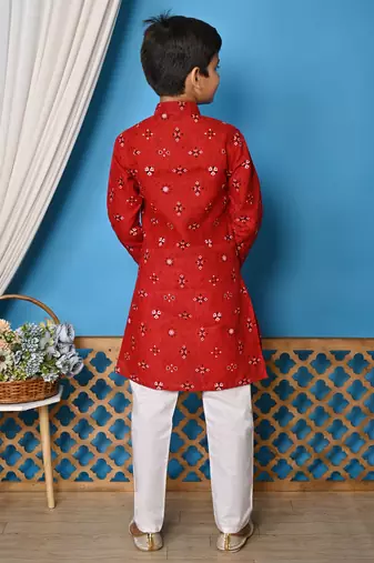 printed red cotton kurta and pajama set for boys