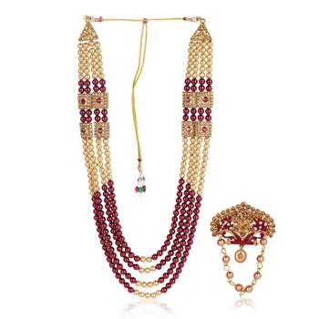   groom sherwani necklace layered moti mala for wedding | groom mala with brooch set 1
