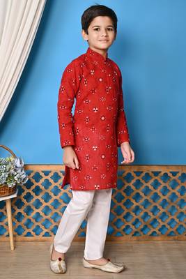 printed red cotton kurta and pajama set for boys 3