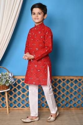 printed red cotton kurta and pajama set for boys 4