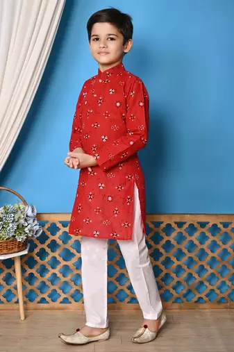 printed red cotton kurta and pajama set for boys
