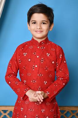 printed red cotton kurta and pajama set for boys 5