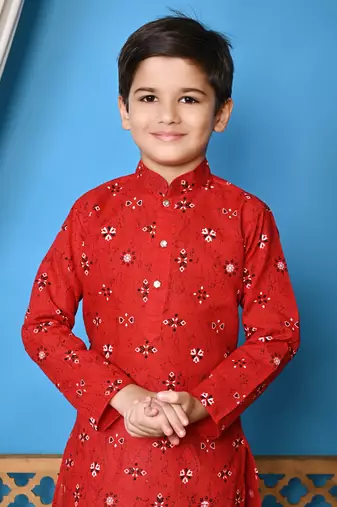 printed red cotton kurta and pajama set for boys
