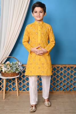 printed yellow cotton kurta and pajama set for boys 1