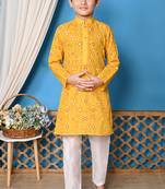 printed yellow cotton kurta and pajama set for boys