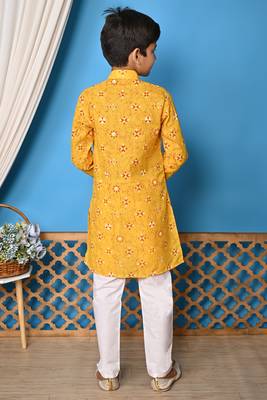 printed yellow cotton kurta and pajama set for boys 2