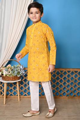 printed yellow cotton kurta and pajama set for boys 3