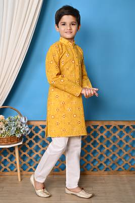 printed yellow cotton kurta and pajama set for boys 4