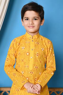 printed yellow cotton kurta and pajama set for boys 5