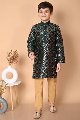 embroidery & sequins work bottel green dupion silk kurta and pajama set for boys 1