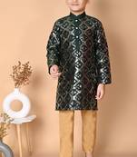 embroidery & sequins work bottel green dupion silk kurta and pajama set for boys