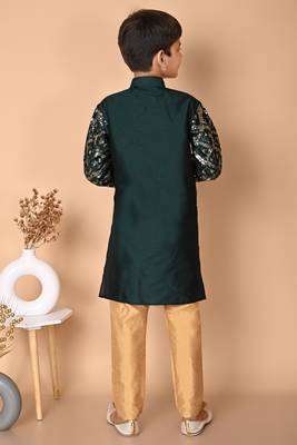 embroidery & sequins work bottel green dupion silk kurta and pajama set for boys 2