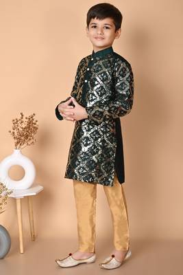 embroidery & sequins work bottel green dupion silk kurta and pajama set for boys 3