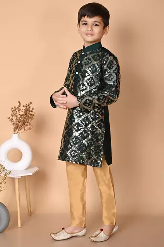 embroidery & sequins work bottel green dupion silk kurta and pajama set for boys