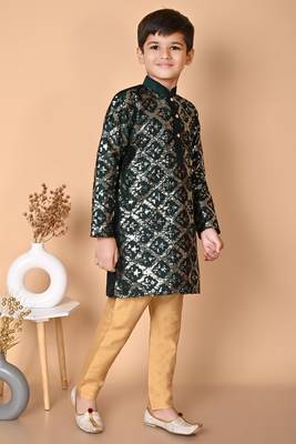 embroidery & sequins work bottel green dupion silk kurta and pajama set for boys 4