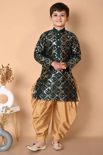 Nfc creation embroidery & sequins work bottel green dupion silk kurta and patiyala set for boys