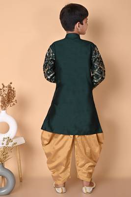 embroidery & sequins work bottel green dupion silk kurta and patiyala set for boys 2