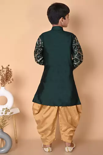 embroidery & sequins work bottel green dupion silk kurta and patiyala set for boys