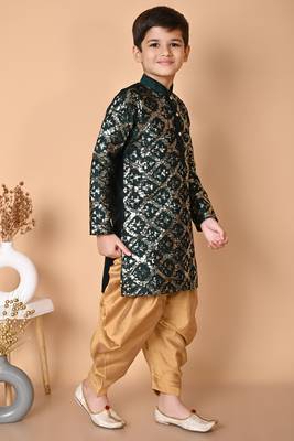 embroidery & sequins work bottel green dupion silk kurta and patiyala set for boys 3